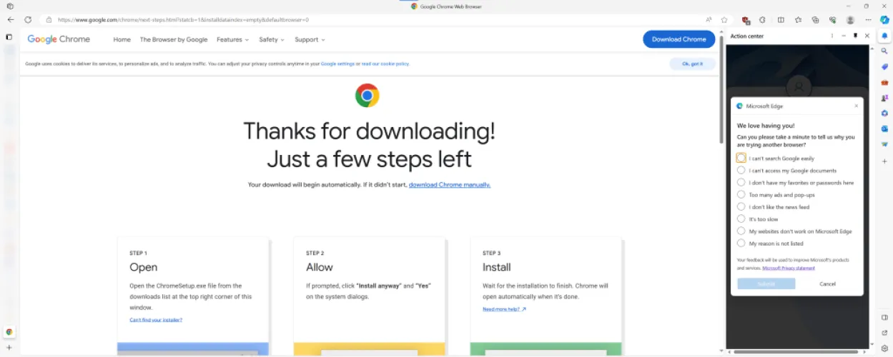 当你下载Chrome时，Microsoft Edge现在会插入一个尴尬的投票